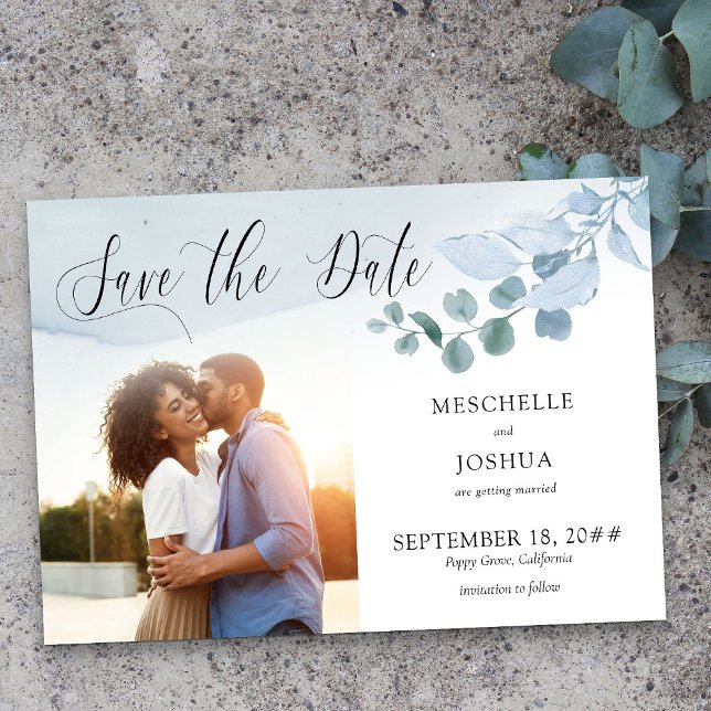 Dusty Eucalyptus Wedding Elegant Foliage Photo Save The Date (Photo Save the Date from my Dusty Eucalyptus wedding collection)