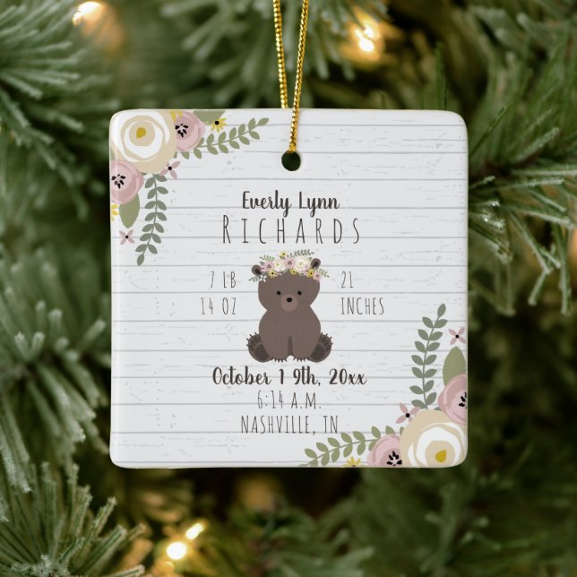 Dusty Floral Bear Cub Baby Girl Birth Stats Ceramic Ornament (Tree)