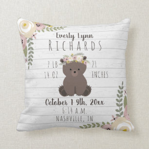 Dusty Floral Bear Cub Baby Girl Birth Stats Cushion