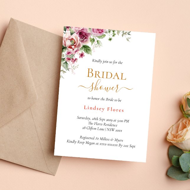 Dusty Floral Blush Pink Elegant Gold Bridal Shower Invitation (Creator Uploaded)