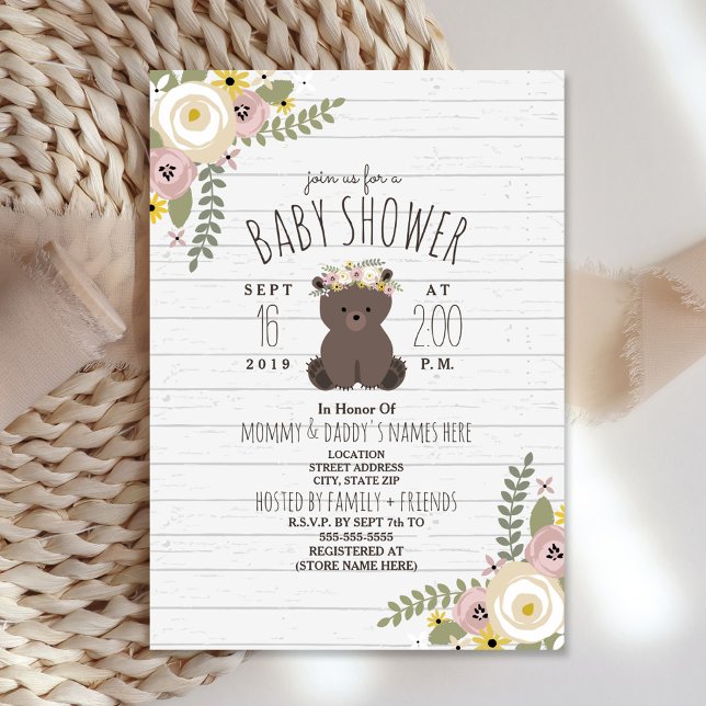 Dusty Floral Boho Bear Grey Wood Baby Shower Invitation (Creator Uploaded)