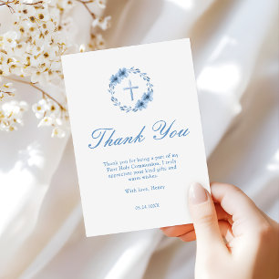 Dusty Floral Cross First Communion Thank You Card