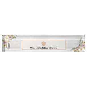 Dusty Floral Grey Wood Pink Apple Teacher Nameplate