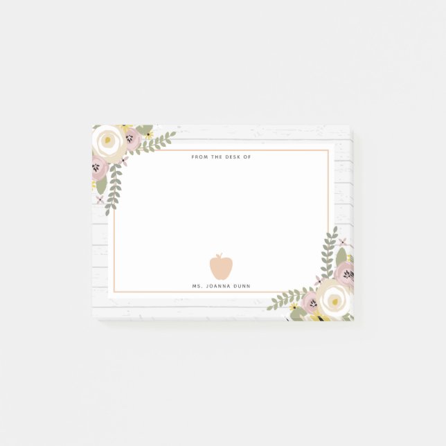 Dusty Floral Grey Wood Pink Apple Teacher Post-it Notes (Front)