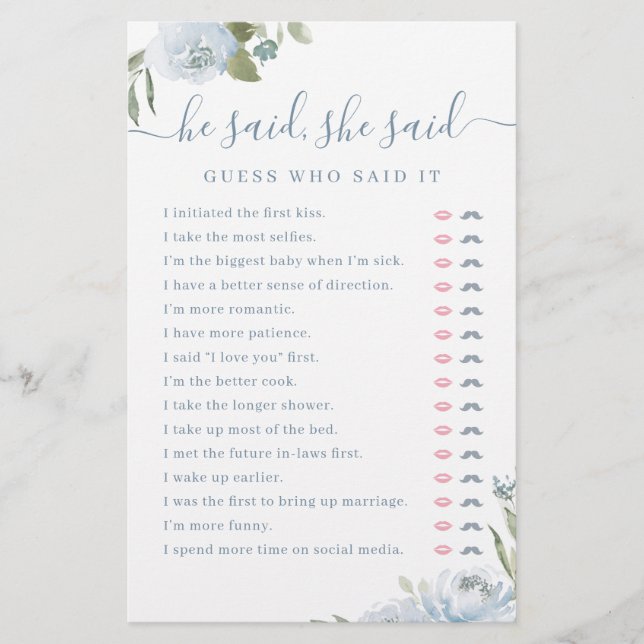 Dusty Floral He said She said bridal shower game (Front)