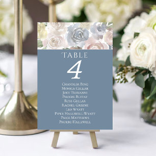 Dusty Floral   Muted Blue Pastel Rose Guest Names Table Number