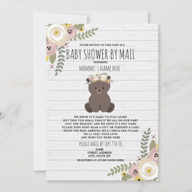 Dusty Floral Shower By Mail Bear Invitation (Front)