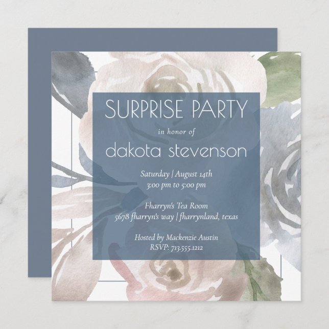 Dusty Floral | Smoky Blue Cream Surprise Party Invitation (Front/Back)