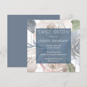 Dusty Floral   Smoky Blue Cream Sweet 16 Birthday Invitation