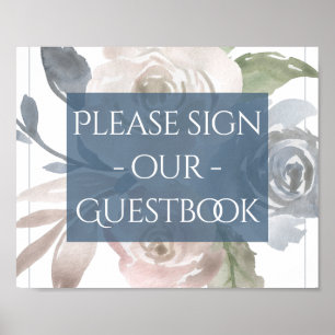 Dusty Floral Smoky Blue Pastel Bouquet Guestbook