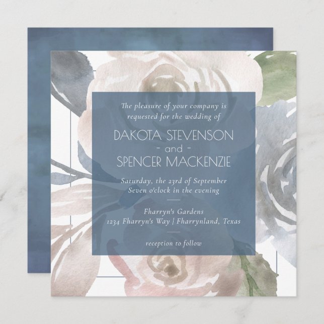 Dusty Floral | Smoky Blue Pastel Bouquet Wedding Invitation (Front/Back)