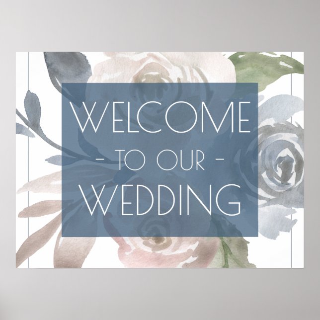 Dusty Floral | Smoky Blue Pastel Wedding Welcome Poster (Front)