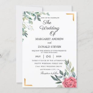 Dusty Floral with golden geometric frame wedding I Invitation
