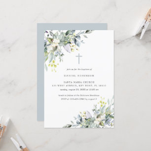 Dusty  Florals Soft Grey Baptism Invitation