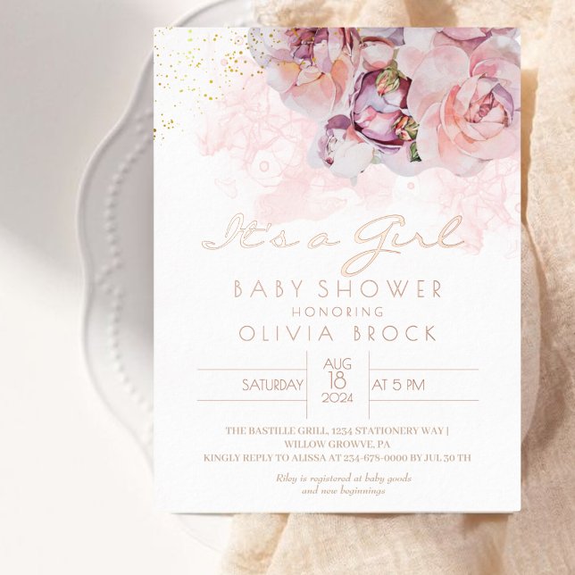 Dusty Flowers Gold Foil Modern Baby Shower Invite (Creator Uploaded)