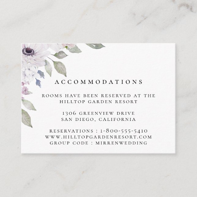 Dusty Garden Floral Wedding Accommodations Enclosure Card (Front)