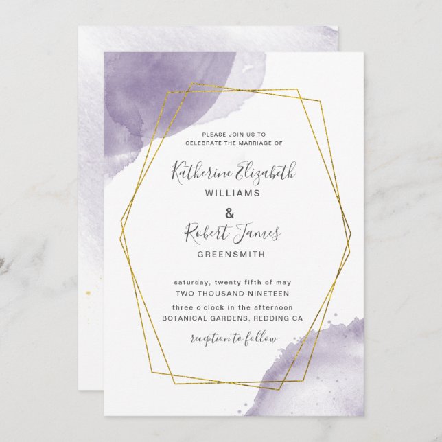 Dusty Gold Elegant Purple Wedding Invitation (Front/Back)