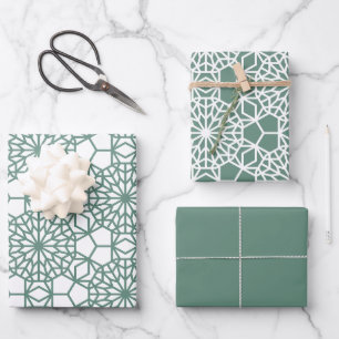Dusty Green Arabesque Geometric Pattern Wrapping Paper Sheet