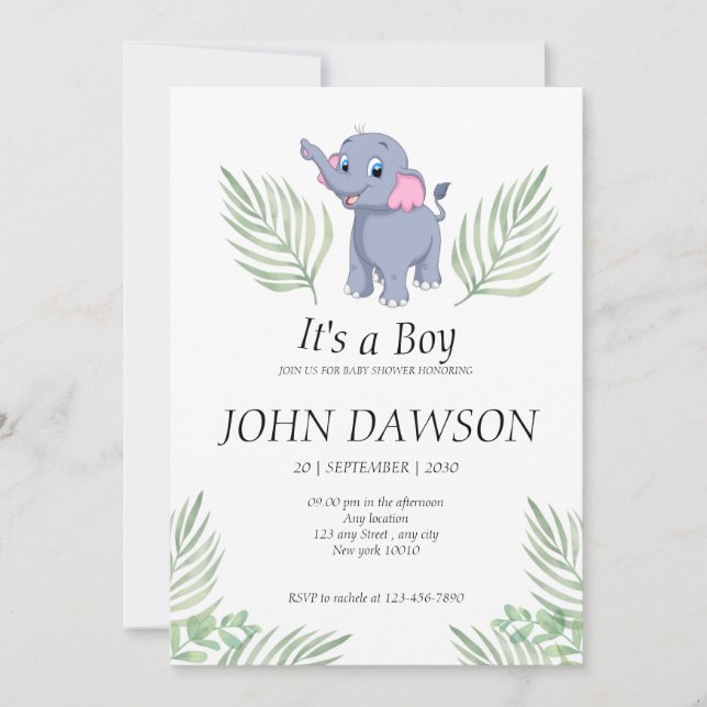 Dusty green baby elephant it's a Boy baby shower  Invitation (Front)