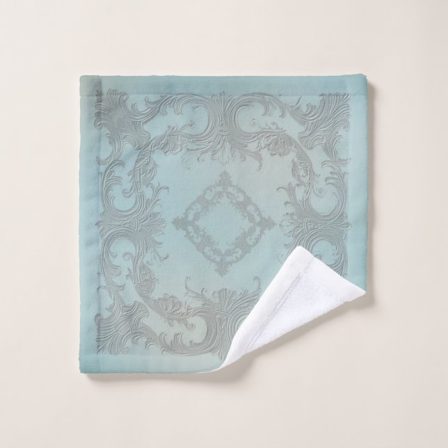  dusty  green /blue scroll design  bath towel set (Wash Cloth)