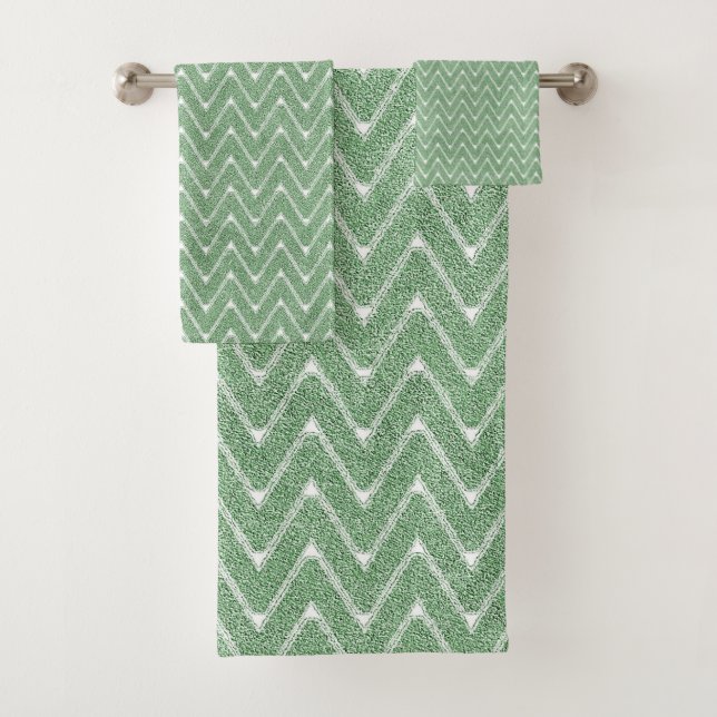 Dusty Green Chevron Pattern Small Bath Towel Set (Insitu)