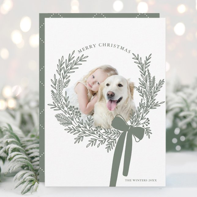 Dusty Green Christmas Wreath Minimal Photo Holiday Card (Creator Uploaded)