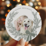 Dusty Green Christmas Wreath Photo Classic Round Sticker<br><div class="desc">Holiday photo sticker with a simple Christmas wreath. For more advanced customisation of this design,  please click the DESIGN TOOL BUTTON above!</div>