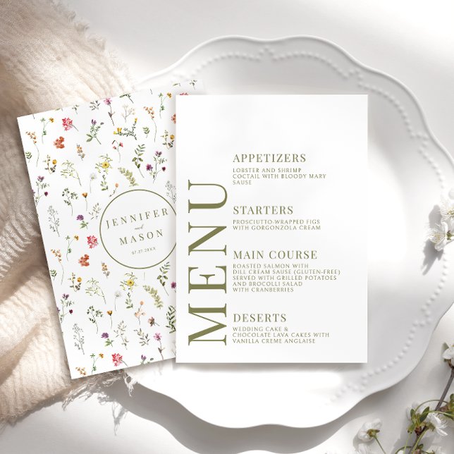 Dusty green colourful wildflower wedding menu card (Creator Uploaded)
