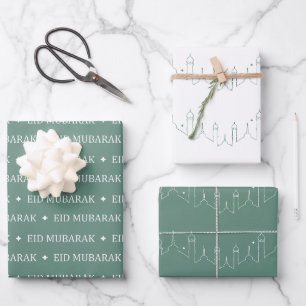 Dusty Green Eid Mubarak Masjid Pattern Design Wrapping Paper Sheet