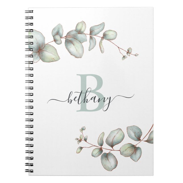 Dusty Green Eucalyptus Personalised Monogram Notebook (Front)