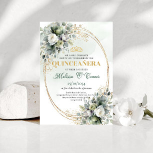 Dusty Green Eucalyptus Quinceañera Gold Invitation