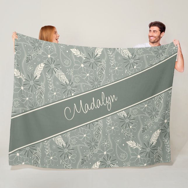 dusty green feathers paislies floral pattern fleece blanket (In Situ)