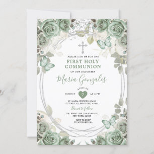 Dusty Green Floral First Holy Communion Invitation