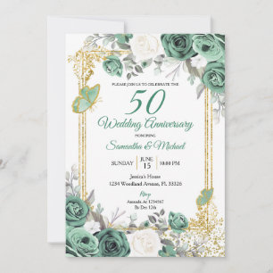 Dusty Green Floral Gold 50th Wedding Anniversary Invitation