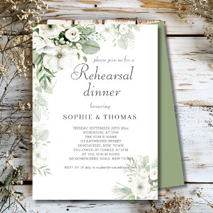 Dusty green floral rose wedding rehearsal dinne invitation