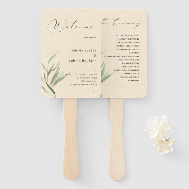 Dusty Green Foliage Beige Craft Paper  Hand Fan (Front and Back)