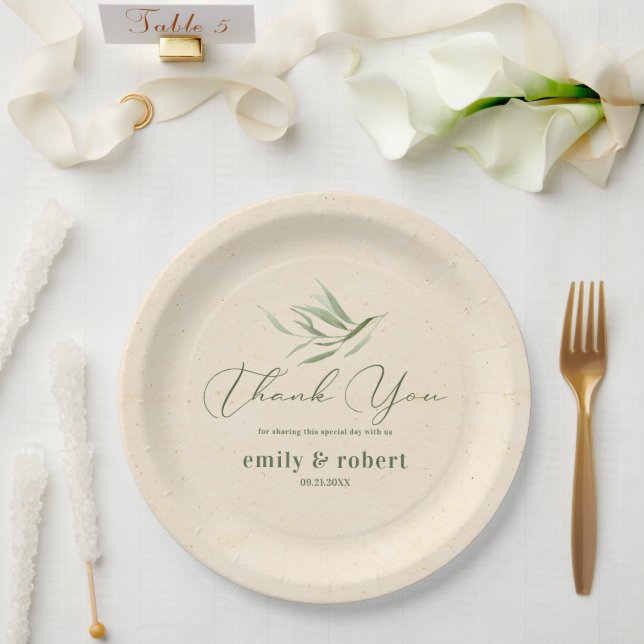 Dusty Green Foliage Beige Craft Paper  Paper Plate (Wedding)