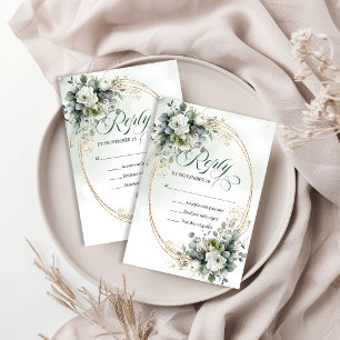 Dusty Green Foliage Botanical Green Gold Wedding RSVP Card