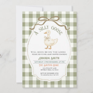Dusty Green Gingham Goose Baby Shower Invitation