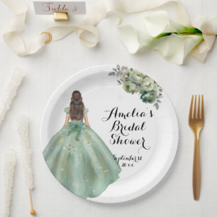 Dusty Green Gold Glitter Dress Bridal Shower Paper Plate