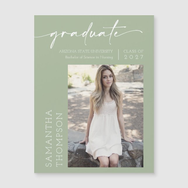 Dusty Green Minimal Script Photo Graduate Magnet (Front)