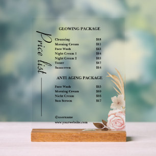 Dusty Green Minimalist Skincare Price List Acrylic Sign