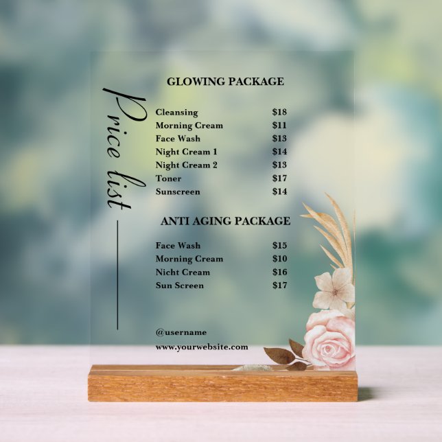 Dusty Green Minimalist Skincare Price List Acrylic Sign (Neutral)