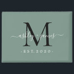 Dusty Green Modern Script Monogram Names Year Magnet<br><div class="desc">Dusty Green Modern Script Monogram Names Year magnet featuring a bold black initial layered with white script names and a personalised established year. The soft green background and clean typography create a calm, modern look that works beautifully as a newlywed keepsake, anniversary reminder, or thoughtful personalised gift. Ideal for displaying...</div>