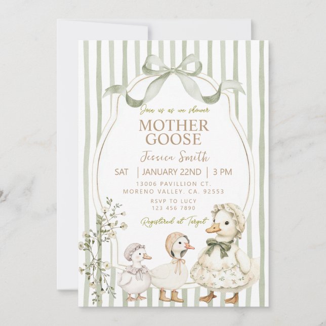 Dusty Green Mother Goose and Gosling Baby Shower Invitation (Front)