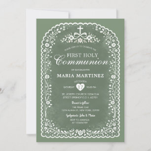 Dusty Green Papel Picado First Holy Communion Invitation