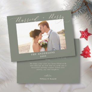 Dusty Green Photo Merry Married Wedding Christmas Thank You Card