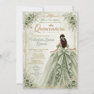 Dusty Green Quinceañera Floral Ball Gown Crown Invitation