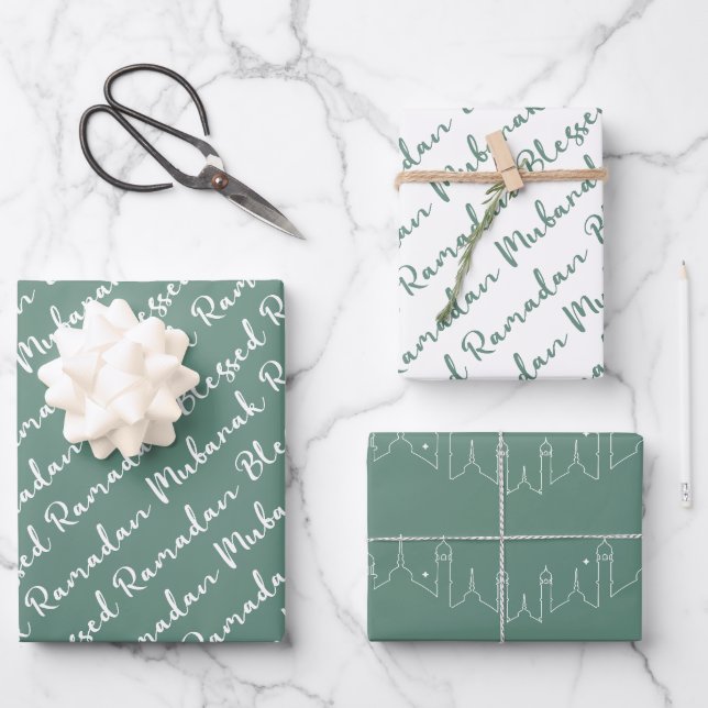 Dusty Green Ramadan Calligraphy Masjid Pattern Wrapping Paper Sheet (Front)