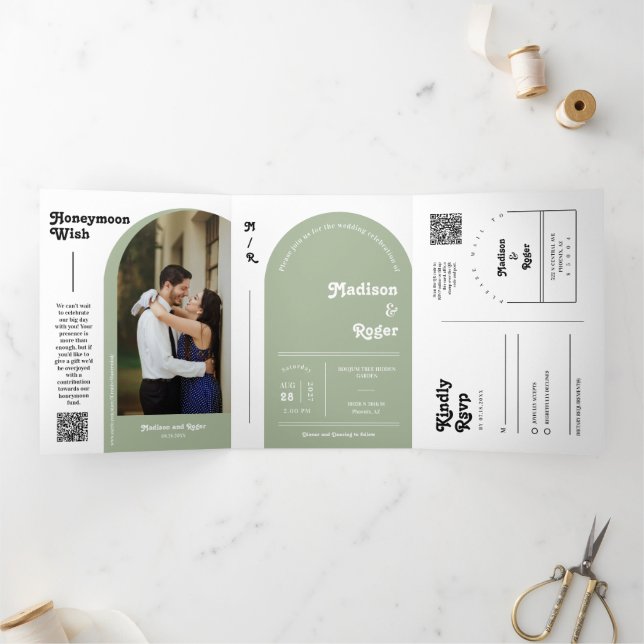 Dusty Green Retro Boho Arch Photo QR Code Wedding Tri-Fold Invitation (Inside)